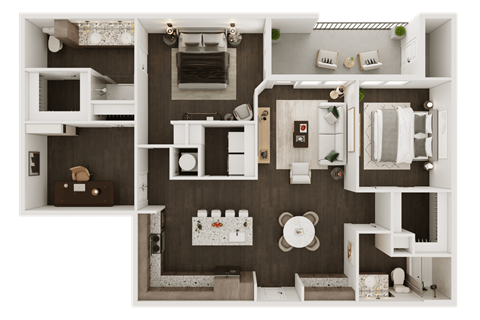 a 3d drawing of a bedroom with a bathroom and a living room